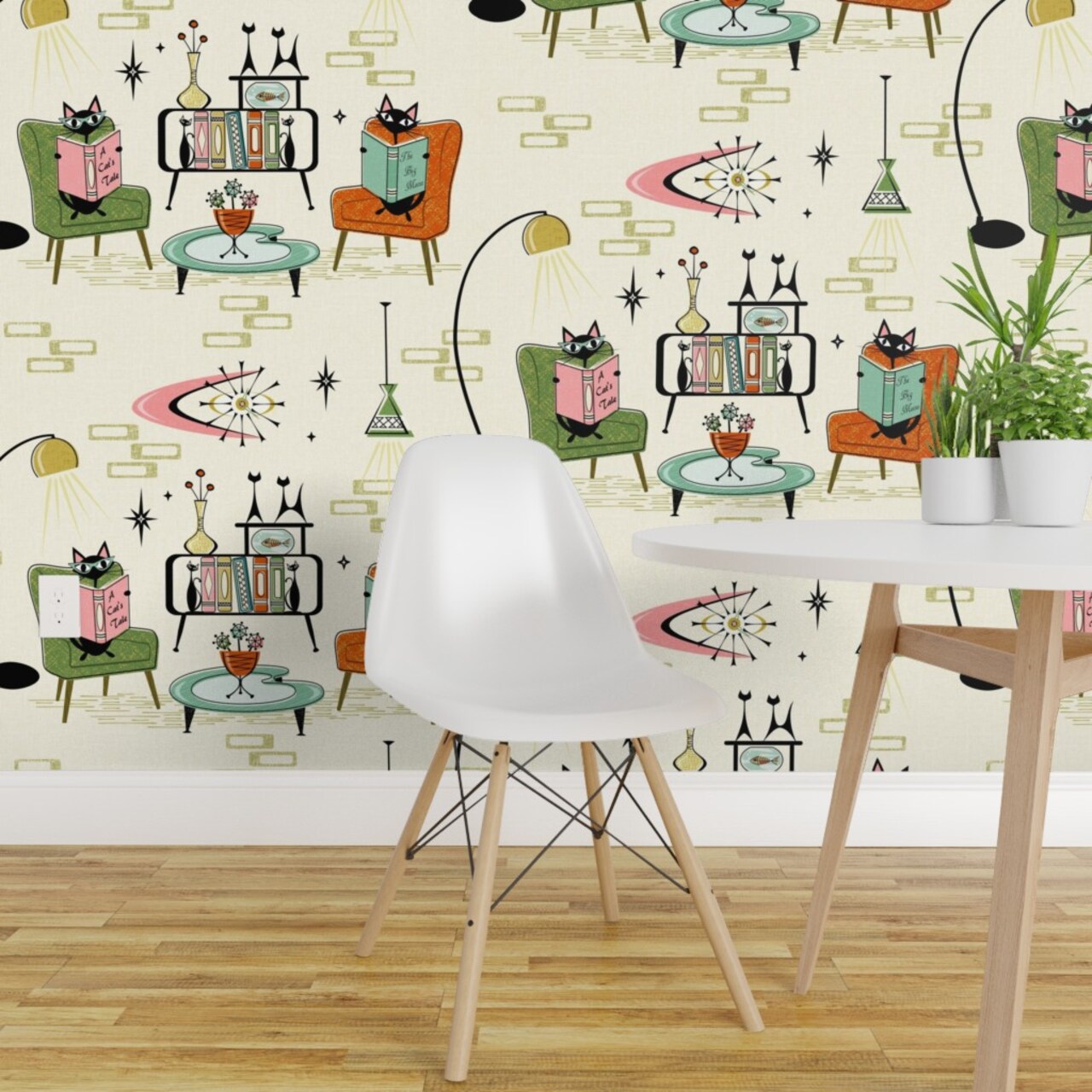Peel & Stick Wallpaper 2FT Wide Mid Century Modern Retro Cats 1950S Inspired Atomic Age Vintage Style Custom Removable Wallpaper by Spoonflower